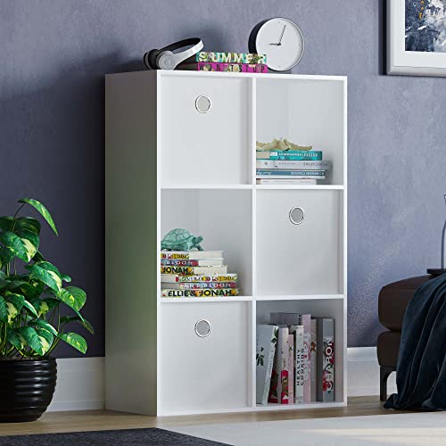 Vida Designs Durham Cube Bookcase Storage Organiser Living Room Bookshelf Home Office Furniture (6 Cube & 3 White Baskets, White)