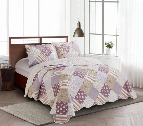 Brilliant Sunshine Pink Rosette and Stripes Patchwork, 3-Piece Quilt Cover Set with 2 Shams, Reversible Bedspread, Soft Lightweight Coverlet, All-Season, Full/Queen, Rose