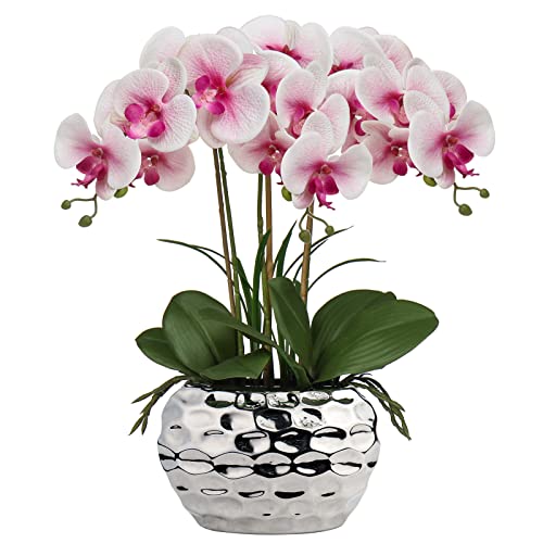 Briful Artificial Orchids, 18 Inch Pink Phalaenopsis Orchids, Large Flowers with Silver Ceramic Pots, Realistic Touch Artificial Orchids Arrangement for Home or Office