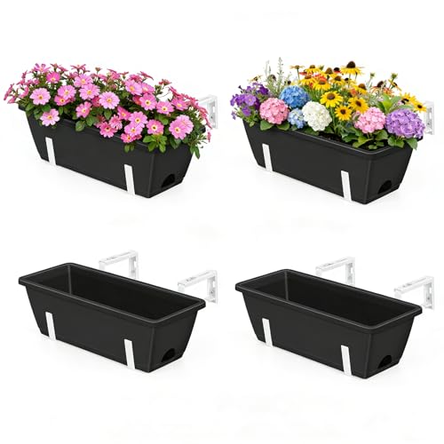 Railing Planter Box 4 Pack Hanging Balcony Planters with Adjustable Bracket - 17 Inch Railing Window Boxes Planter Flower Herb Plant Pot for Garden Fence Patio, Balcony Decor, Black & White