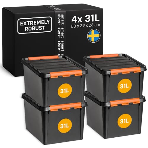 SmartStore Extra-Durable Plastic Storage Box with Lid 4x 31L, 50x39x26cm - Stackable tool boxes for garage, workshop & moving, heavy duty containers with clip lock, organiser for shelves