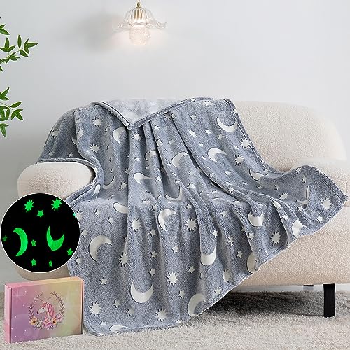 "QSTEHEML Moon Glow in The Dark Blanket,Star Gifts Toys for Boy Birthday for Age 3-12 Years Old,Throw Blanket for Kids Soft Luminous Blanket 50""??60"""