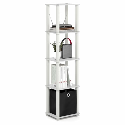 Furinno TURN-N-TUBE Book Shelf, 5-Tier Square Open Frame Display Shelf, Corner Storage Shelves with Storage Bin, Shelving Unit, for Organization, Living Room, Garage, Home Office, White