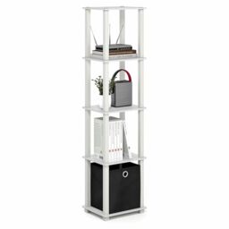 Furinno TURN-N-TUBE Book Shelf, 5-Tier Square Open Frame Display Shelf, Corner Storage Shelves with Storage Bin, Shelving Unit, for Organization, Living Room, Garage, Home Office, White