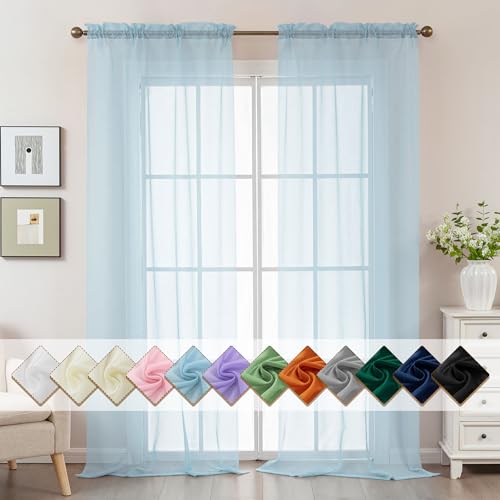 "ABLUEN Blue Sheer Curtains 108 Inches Extra Long, Privacy Semi Sheer Curtains for Living Room Bedroom, Light Filtering Rod Pocket Voile Window Drapes 2 Panels Set, Each 42"" W x 108"" L"