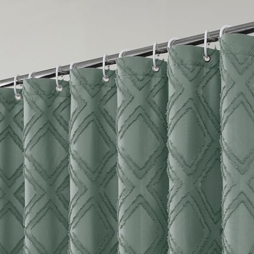 "OWENIE Extra Long 96 Inch Shower Curtains, Boho Fabric Shower Curtain Grommet Top With 12 Hooks, Elegant Modern Jacquard Geometric Design Textured Shower Curtain for Bathroom, Sage Green, 72""W x 96""L"