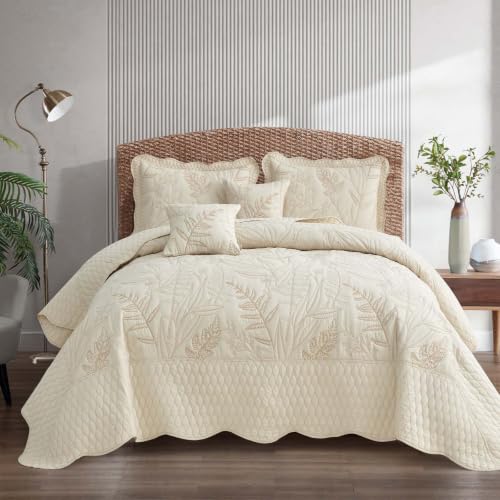 Bedspread oversized Full 96x110???Beautiful Leaf Stitching,5 PC,Ivory - Premium quality stitching,Pet-Friendly Stitching,Microfiber Reversible,Versatile styling,Elegant,Durable & Easy Care