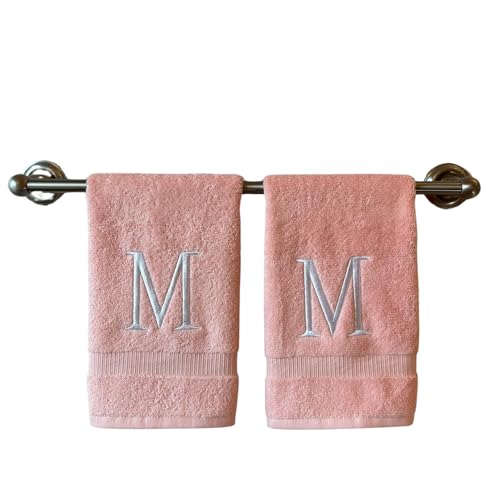 Pink with White Monogrammed Hand Towels for Bathroom - Set of 2 Letter M - Luxury Hotel Quality Initial Towels For Powder Room, Spa, GOTS Organic Certified