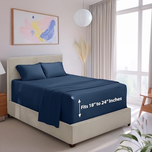 Hearth & Harbor Extra Deep Pocket 4-Piece Bed Sheets Set - Super Deep Fitted Sheet 18-24 inces Depth, Fits High Profile Mattresses with Toppers, Queen, Navy Blue