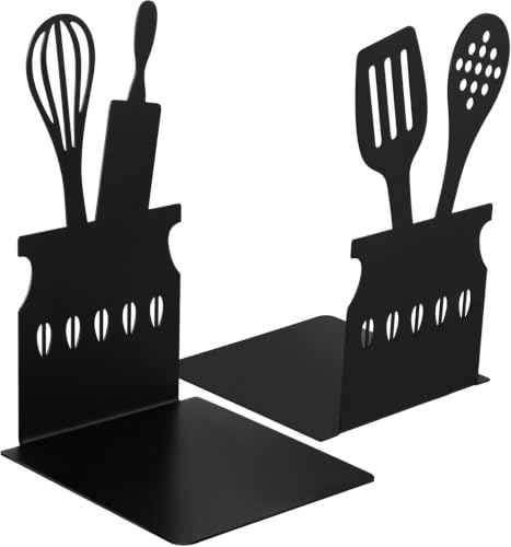 Zonon Black Kitchen Bookends 5.9 x 3.9 x 3.9 Inch Spoon Decorative Metal Cookbook Storage Books Stoppers