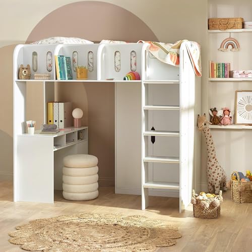 Julian Bowen Vision High Sleeper Bunk Bed, White Bed Frame with Desk and Ladder for Kids and Teens - 3ft Single 180 x 116 x 195cm