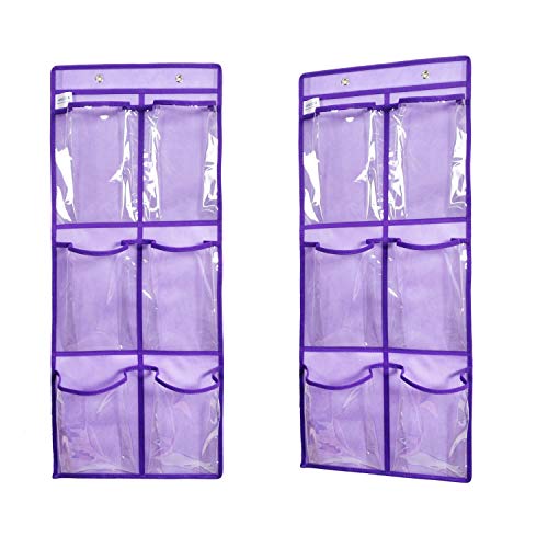 ANIZER About The Door Hanging Shoe Organizer Narrow Closet Door Shoe Storage 6 Large Clear Pockets Chart 2 Pack (PURPLE)