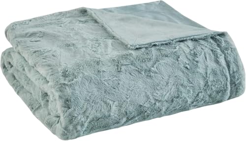 Madison Park Zuri Soft Plush Luxury Oversized Faux Fur Throw Animal Stripes Design, Faux Mink On The Reverse, Modern All Seasons Blanket for Bed, Sofa Couch, Office, Aqua, 60x70