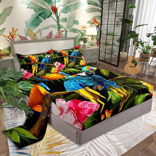 Parrot Bird Sheet Set King Size,Flowers Palm Leaf Bedding Set 4pcs for Teens Girls Boys Kids Room,Wild Animals Plants Bed Cover Watercolor Bohemian with 1 Fitted Sheet+1 Flat Sheet+2 Pillowcases