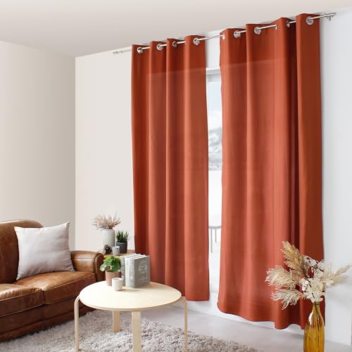 ED ENJOY HOME Terracotta Curtain 140 x 240 cm, Metal Eyelets Microfibre Fabric, Cotton Voile Look for Bedroom and Living Room