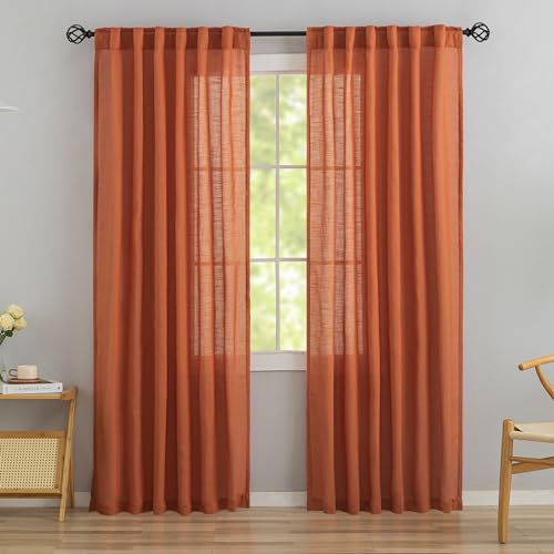 DONREN Burnt Orange Back Tab Curtains 80 Inches Long 2 Panels for Bedroom,Modern Farmhouse Hooks Belt Pleated Semi Privacy Drapes Shabby Chic Light Filtering Window Curtains W52 x L80