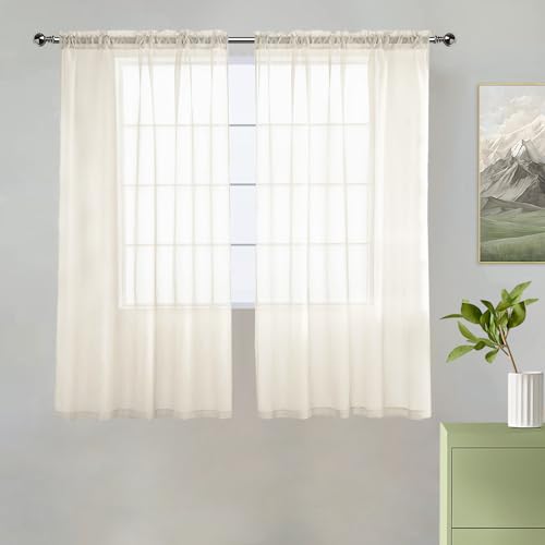 youleyar Solid Sheer Rod Pocket Curtain Voile Draperies 2 Panels White Beige Black Grey Coffee 38 Inch Width 45 Inch Long 1 Pair for Kitchen Bedroom Children Living Room Yard(Ivory,38W???45L)