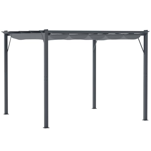 Outsunny 3 x 3(m) Pergola with Retractable Roof Canopy, Aluminium Frame Garden Gazebo Outdoor Sun Shade Shelter for Grill, Patio, Dark Grey