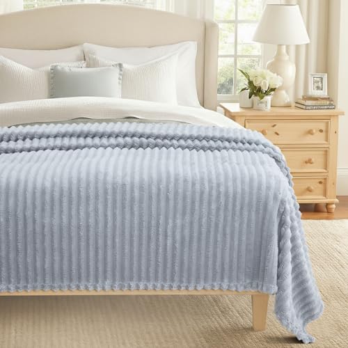 decorUhome Light Grey Fleece Queen Blanket 90x90 Inches - Soft Fleece Bed Cozy Fluffy Plush Flannel Large Striped Throws for Couch Sofa, Decorative Fuzzy Blanket for Woman