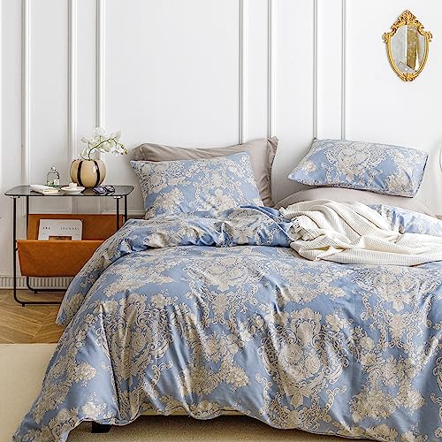 SUSYBAO Blue Damask Flower Duvet Cover Queen 100% Cotton 3 Pieces Set 1 Boho Floral Patterned Duvet Cover with Zipper Ties 2 Pillowcases Farmhouse Soft Paisley Bedding Set Breathable