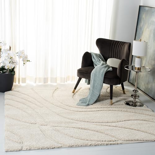Safavieh Shag Rug for Living Room, Dining Room, Bedroom - Florida Shag Collection, High Pile, in Cream, 122 X 122 cm