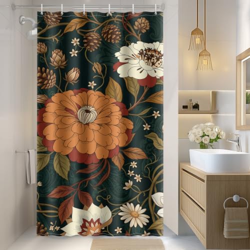 "Aimego Stall Small Shower Curtain - Boho Floral Dark Green Bohemian Chic Flowers Botanical Leaves Narrow Half Fabric Cloth Shower Curtain Set for Bathroom Decor Accessories Bath Curtain, 36""x72"""