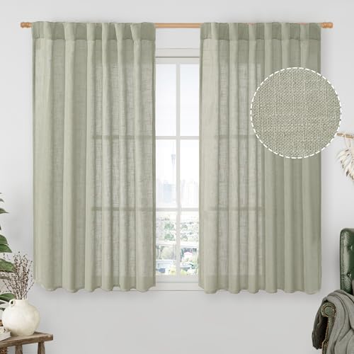 LAMIT Sage Grey Linen Curtains 54 Inch Length 2 Panels, Light Filtering Panels Back Tab and Rod Pocket Neutral Drapes for Kitchen/Window/Bedroom, 52 x 54 Inch