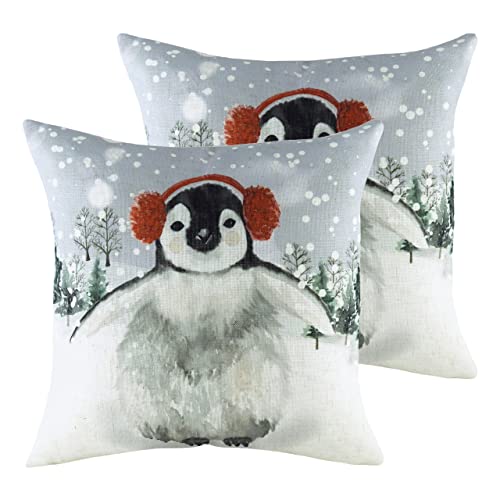 furn. Evans Lichfield Snowy Penguin with Earmuffs Polyester Filled Cushions (Twin Pack), Polyester, Linen, Multi