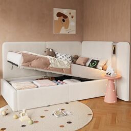 Ball & Cast 3FT Single Ottoman Bed Frame, Upholstered Daybed Sofabed, L-shaped Corner Bed with Hydraulic Storage, USB Charging Port & Reading Lamp, Velvet, Beige/90x190cm(No Mattress)