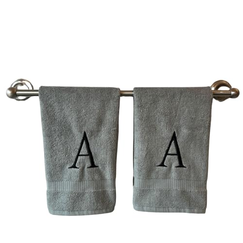 Gray with Black Monogrammed Hand Towels for Bathroom - Set of 2 Letter A - Luxury Hotel Quality Initial Towels For Powder Room, Spa, GOTS Organic Certified