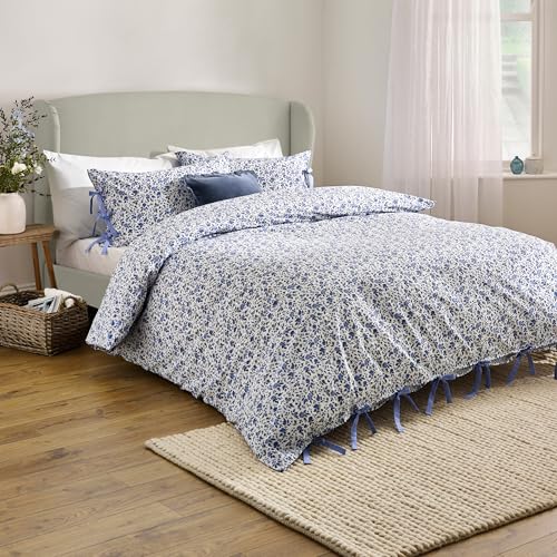 furn. Wylder Hannah Duvet Cover Set – 100% Tumbled Cotton Floral Bedding with Bow Closures (Blue - King)