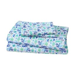 Beatrice Home Fashions Coastal Hotel Collection Easy Care Polyester Sheet Set in Clearwater Aqua Pattern Green, Blue Tropical Sea Life on White (QUEEN)