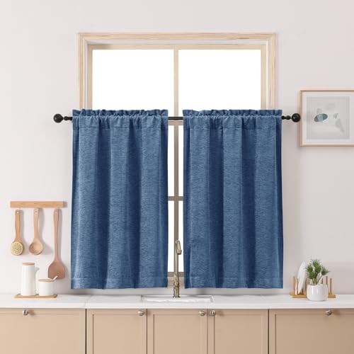 Chyhomenyc Chenille Velvet Blue Kitchen Curtains 30 Inch Length - Light Filtering Short Window Curtains Over Sink, Soft Small Half Window Curtain Panels for Bathroom Basement, 30Wx30L Inch, 2 Panels
