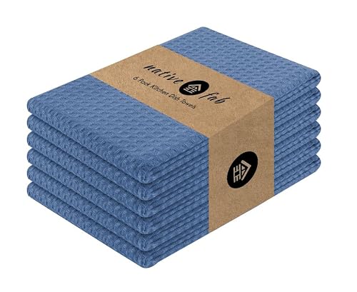 Native Fab Set of 6 Cotton Kitchen Towels - 16x26, Absorbent & Durable, Hanging Loop, Light Blue