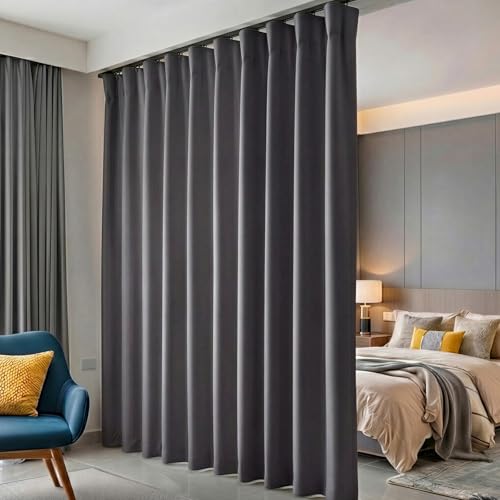 Hoeflife Room Divider Curtains Blackout Ceiling Track Curtain with Hook Wall Mount Sliding Door Curtains Ceiling Mount Extra Wide Curtain Wall Divider for Room Separation (Grey, W100 x H84 Inch)