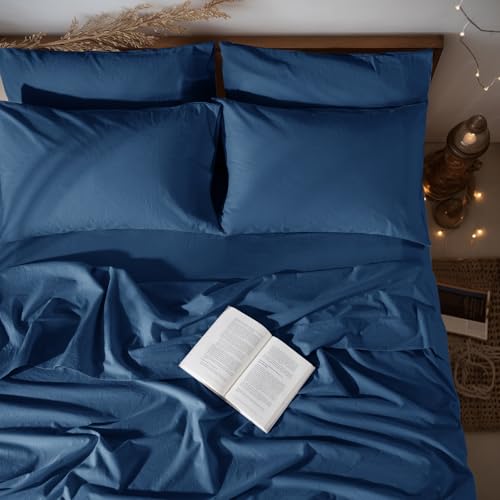 "LBRO2M 100% Linen Sheet Set Queen Size, Bed Sheets 6 Piece Sets,Solid Color Natural Flax Bed Sheets Soft Breathable Bedding,16"" Deep Pocket,All Season (Queen, Navy Blue)"