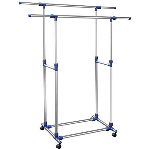 BAKAJI Double Adjustable Steel Clothes Rack Telescopic Rods, Easy to Fit with 4 Wheels, Exhibition Rack Shop, Professional Steel