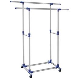 BAKAJI Double Adjustable Steel Clothes Rack Telescopic Rods, Easy to Fit with 4 Wheels, Exhibition Rack Shop, Professional Steel