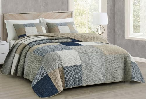 Chezmoi Collection Addy 2-Piece Navy Blue White Gray Taupe Plaid Patchwork Quilt Set - Pre-Washed Cotton Coverlet - Lightweight Reversible Bedspread, Twin Size