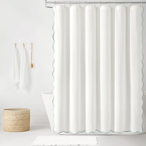Lush Decor Coastal Chic Scallop Edge Linen Textured Shower Curtain Blue/White Single 72x72 - Elegant Affordable Luxury Chic Charm for Bathroom Decor
