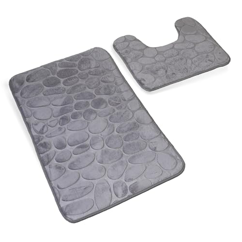 DIVCHI Non Slip Bath Mat Set - 2 Piece Thickened Bathroom Mat Set - Extra Absorbent 100% Memory Foam Bath Mat (80 x 50cm) and Pedestal Toilet Mat (50 x 40cm U Shape) (Grey)