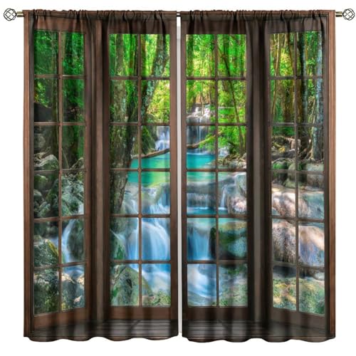 AuiMzoo Waterfall Blackout Curtains Spring Forest Natural Landscape Theme Printed Window Treatments Bedroom, Living Room, Kitchen, Office42X45 Inch