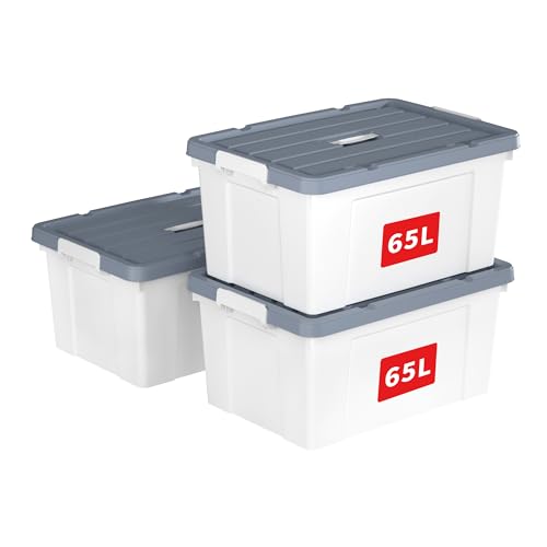 Cetomo 65L*3 Storage Boxes, Carry Plastic Storage Box with Lids, Organizing Container with Handle and Secure Latches, Nestable & Stackable Tote Box for Home Office, 65L-3 Pack, White