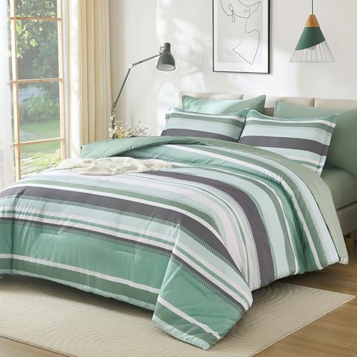 WONGS BEDDING Green Comforter Queen Size Set, 7 Pieces Bed in a Bag Green and Grey Comforter Set, Soft Boho Striped Bedding Sets with Sheets, Pillowcases & Shams