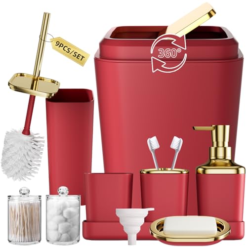 XLHOMO Dark Red Bathroom Accessory Set, 9-Piece Burgundy Set with Trash Can, Toothbrush Cup, Soap Dispenser, Soap Dish, Toilet Brush Holder, 2 Qtip Dispensers and Tray
