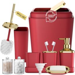 XLHOMO Dark Red Bathroom Accessory Set, 9-Piece Burgundy Set with Trash Can, Toothbrush Cup, Soap Dispenser, Soap Dish, Toilet Brush Holder, 2 Qtip Dispensers and Tray