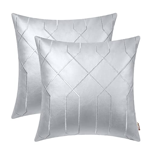 BRAWARM Leather Pillow Covers 22 X 22 Inches, Silver Faux Leather Sofa Cushions Pack of 2, Geometric Embroidery Leather Decorative Throw Pillows for Living Room Couch Bed Sofa Home