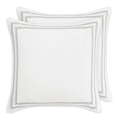Laura Ashley Decorative Pillow Case for Bedroom and Home Décor, Cotton, Stitched Vine Leaf Grey, European-Square