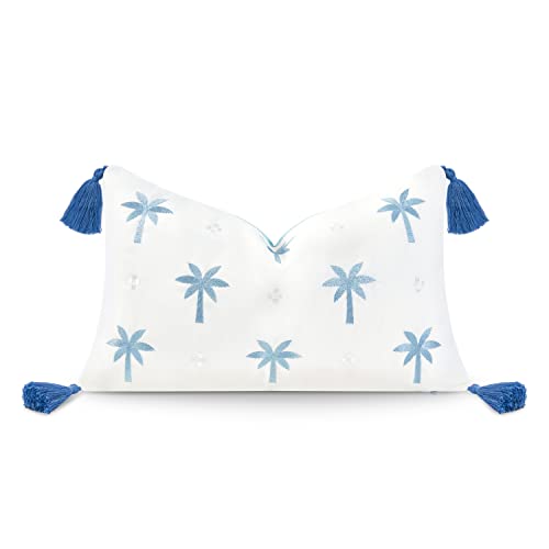 "Hofdeco Premium Coastal Hampton Style Patio Indoor Outdoor Lumbar Pillow Cover Only, 12""x20"" Water Resistant for Backyard, Couch, Baby Blue Embroidered Palm Tree Tassel"