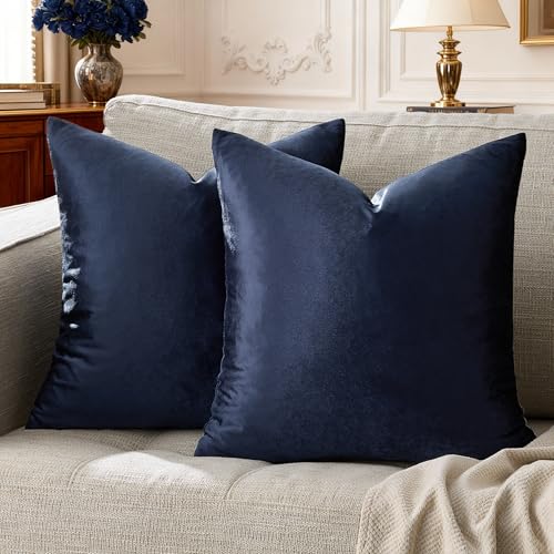 GIGIZAZA Decorative Couch Cushion Cover Set of 2 Sofa Pillows 18x18 Inch Blue Square Farmhouse Velvet Throw Pillows